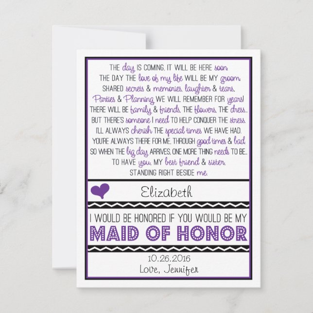 Will you be my Maid of Honour? Purple/Black Poem Invitation (Front)