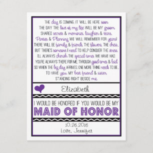 Will you be my Maid of Honour? Purple/Black Poem Invitation