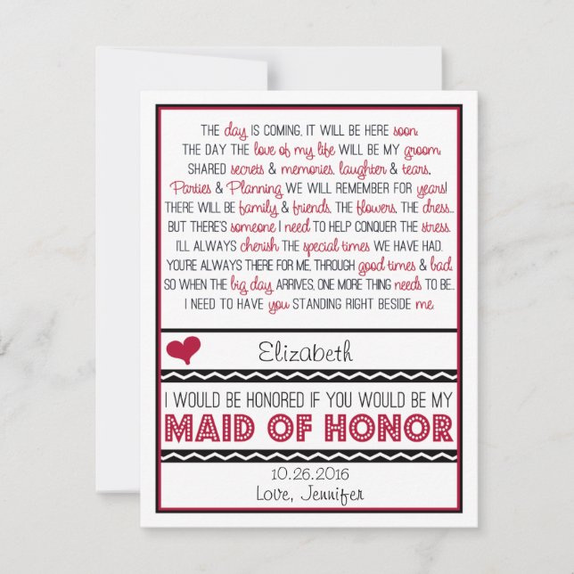 Will you be my Maid of Honour? Red/Black Poem V2 Invitation (Front)