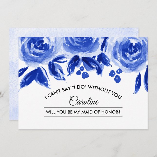 Will you be my Maid of Honour? Royal Blue Floral Invitation (Front/Back)