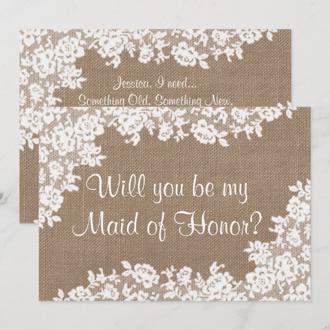 Will You Be My Maid of Honour? Rustic Burlap & Lac Invitation (Front/Back)