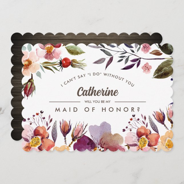 Will you be my Maid of Honour? Rustic Fall Flowers Invitation (Front/Back)