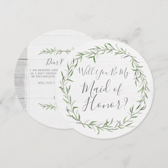 Will You Be My Maid of Honour Rustic Wood & Wreath Invitation (Front/Back)
