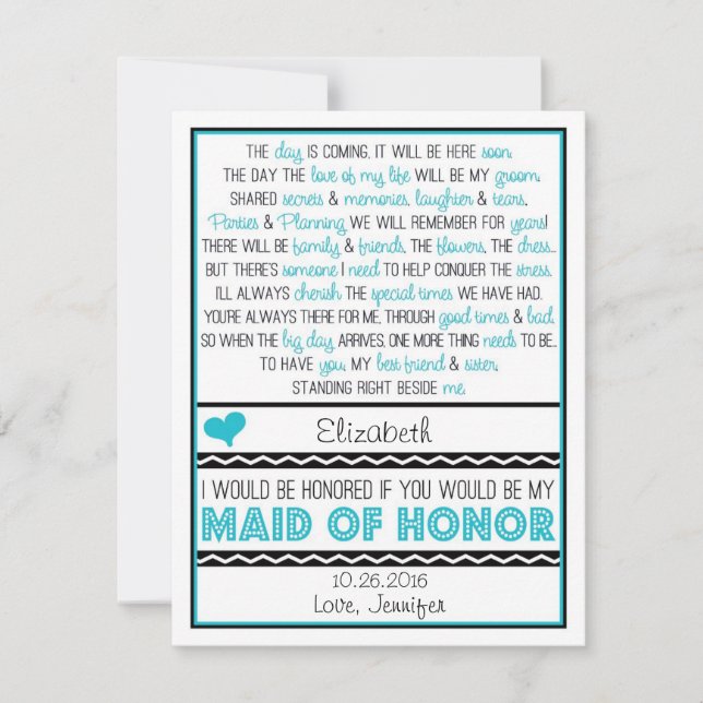 Will you be my Maid of Honour? Turquoise/Black Poe Invitation (Front)