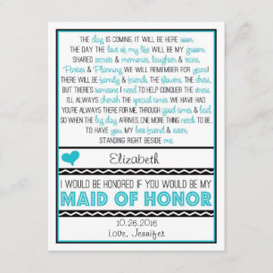 Will you be my Maid of Honour? Turquoise/Black Poe Invitation