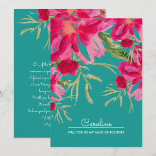 Will you be my Maid of Honour? Turquoise Fuchsia  Invitation