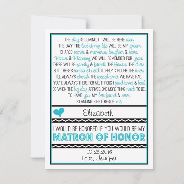 Will you be my Matron of Honour? Blue/Black Poem Invitation (Front)