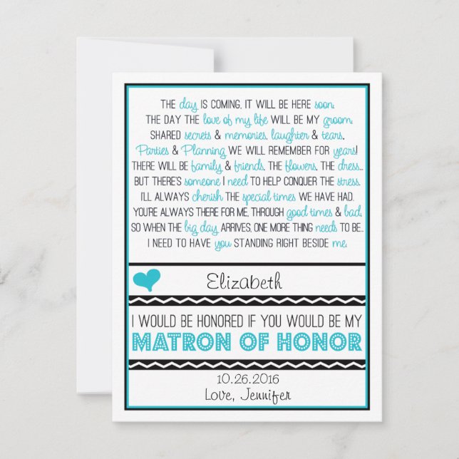 Will you be my Matron of Honour? Blue/Black Poem V Invitation (Front)