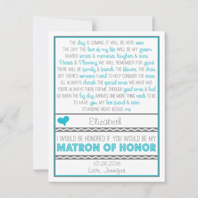 Will you be my Matron of Honour? Blue/Grey Poem Invitation (Front)