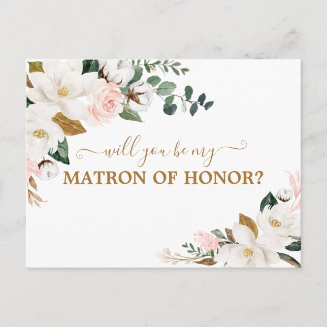 Will You Be My Matron of Honour Blush Pink Floral Postcard (Front)