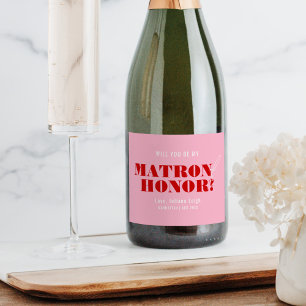 Will You Be My Matron of Honour Bold Pink & Red Sparkling Wine Label