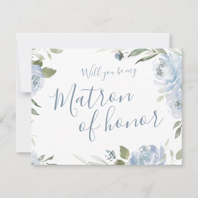 Will you be my matron of honour dusty blue floral invitation (Front)