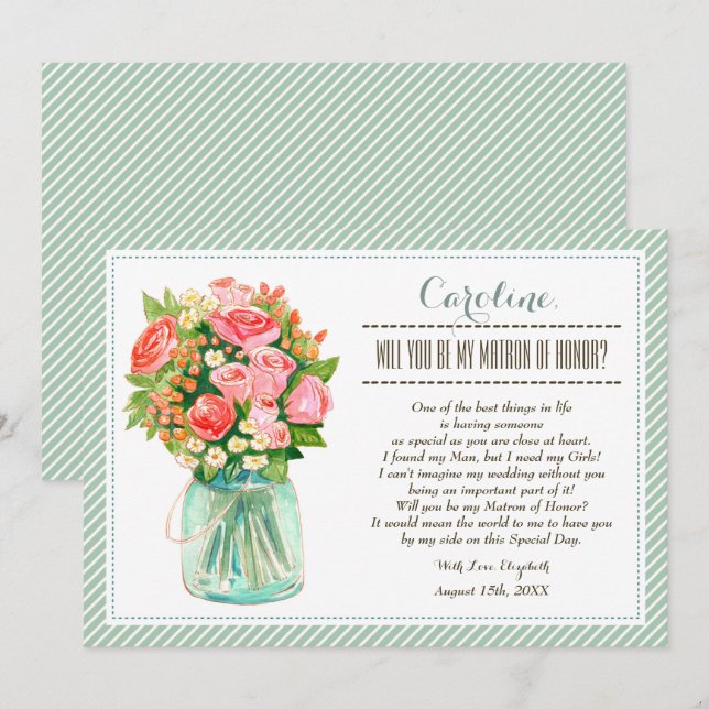 Will you be my Matron of Honour? Mason Jar Floral Invitation (Front/Back)