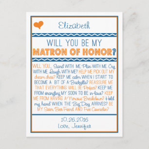 Will you be my Matron of Honour? Navy/Orange Poem Invitation