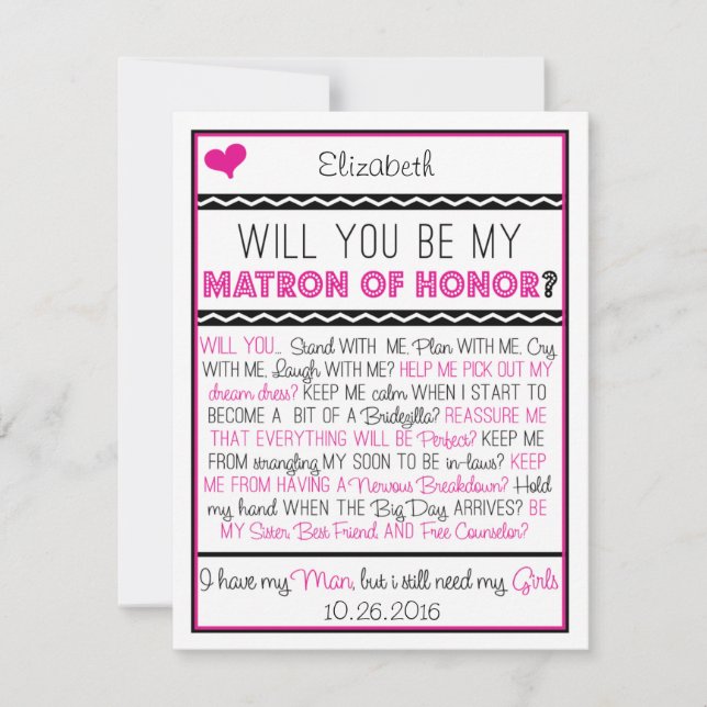 Will you be my Matron of Honour? Pink/Black Collag Invitation (Front)