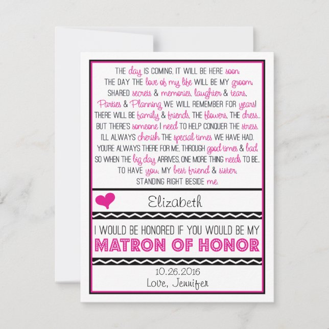 Will you be my Matron of Honour? Pink/Black Poem Invitation (Front)