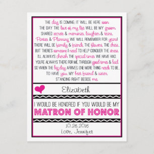 Will you be my Matron of Honour? Pink/Black Poem Invitation