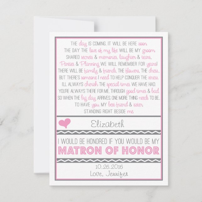 Will you be my Matron of Honour? Pink/Grey Poem Invitation (Front)