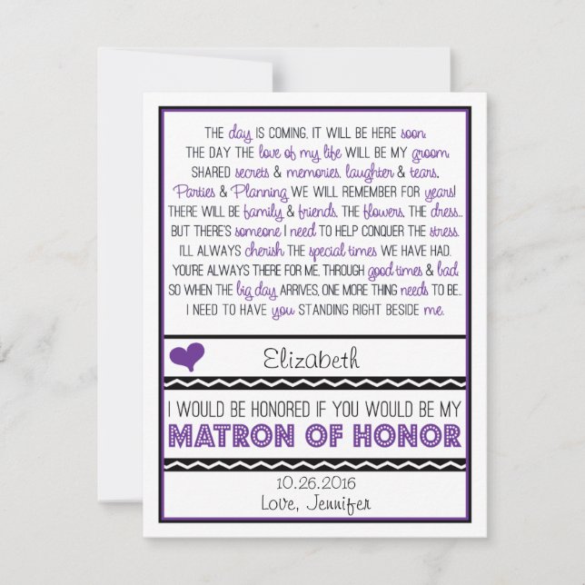 Will you be my Matron of Honour? Purp/Black Poem V Invitation (Front)