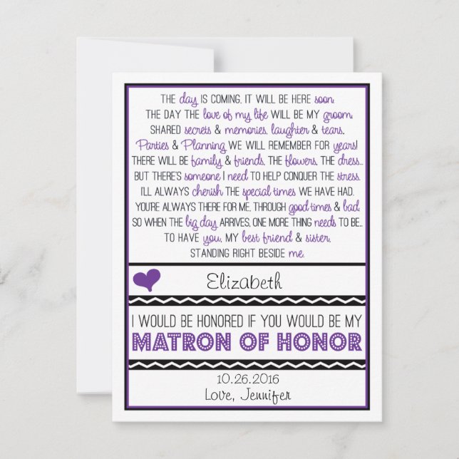 Will you be my Matron of Honour? Purple/Black Poem Invitation (Front)