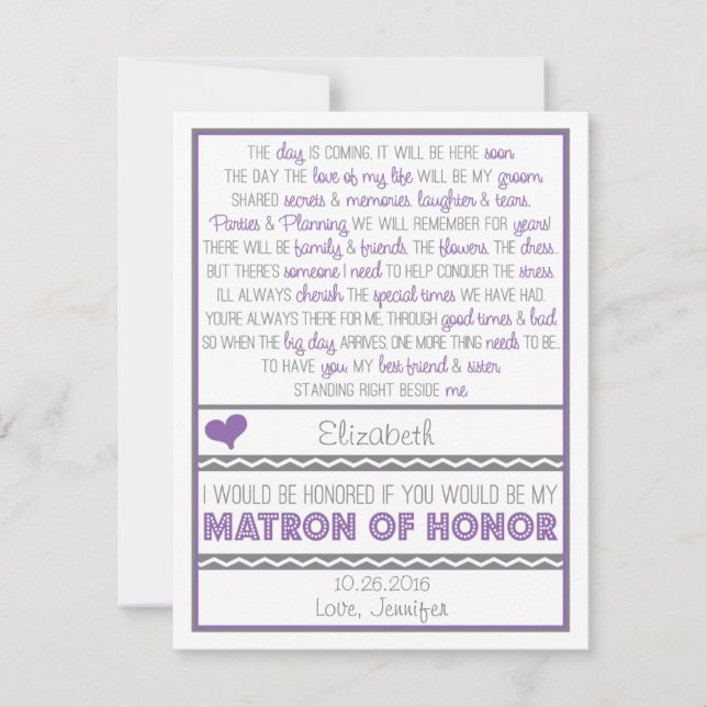Will you be my Matron of Honour? Purple/Grey Poem Invitation (Front)