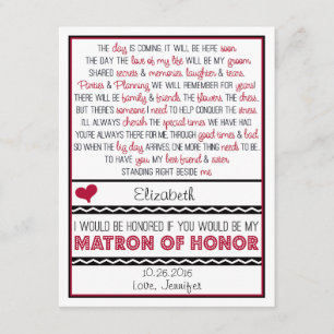 Will you be my Matron of Honour? Red/Black Poem Invitation