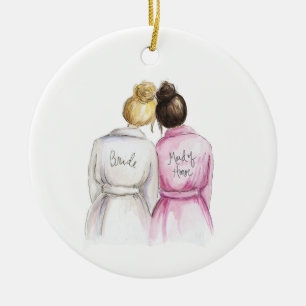 Will you be my MOH? Bl Bun Bride Dk Br Bun Maid Ceramic Tree Decoration