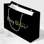 Will You Be My Ring Bearer? Modern Proposal Large Gift Bag<br><div class="desc">"Will You Be Ring Bearer?" Modern Proposal Gift bag
featuring title "Will You Be My Ring Bearer?" in gold modern script font style on black background.

Please Note: The foil details are simulated in the artwork. No actual foil will be used in the making of this product.</div>