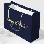 Will You Be My Ring Bearer? Modern Proposal Large Gift Bag<br><div class="desc">"Will You Be Ring Bearer?" Modern Proposal Gift bag
featuring title "Will You Be My Ring Bearer?" in gold modern script font style on navy blue background.

Please Note: The foil details are simulated in the artwork. No actual foil will be used in the making of this product.</div>