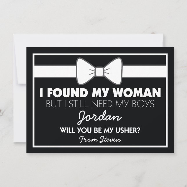 Will You Be My Usher Black/White Bow Tie Invitation (Front)