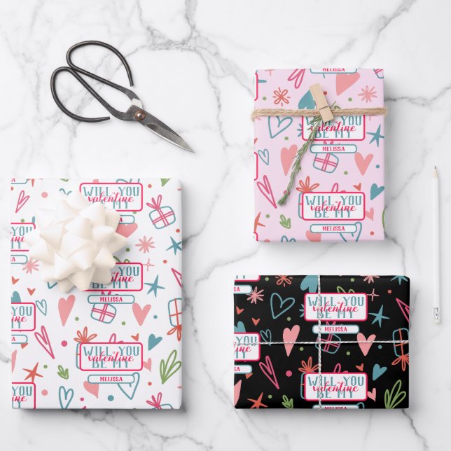 Will You Be My Valentine Pattern Wrapping Paper Sheet (Front)