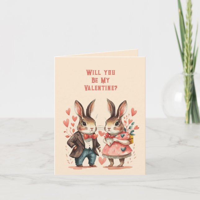 Will You Be My Valentine Rabbit Couple Note Card (Front)