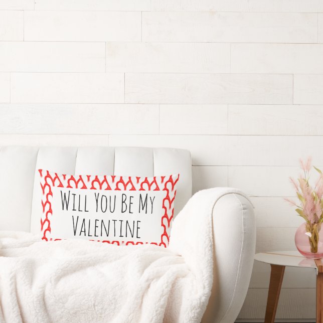 Will You Be My Valentine Red Hearts Typography Lumbar Cushion (Couch)