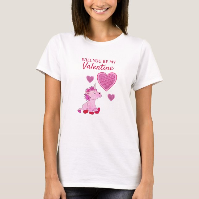 Will you be my Valentine Unicorn Valentine`s Day T-Shirt (Front)
