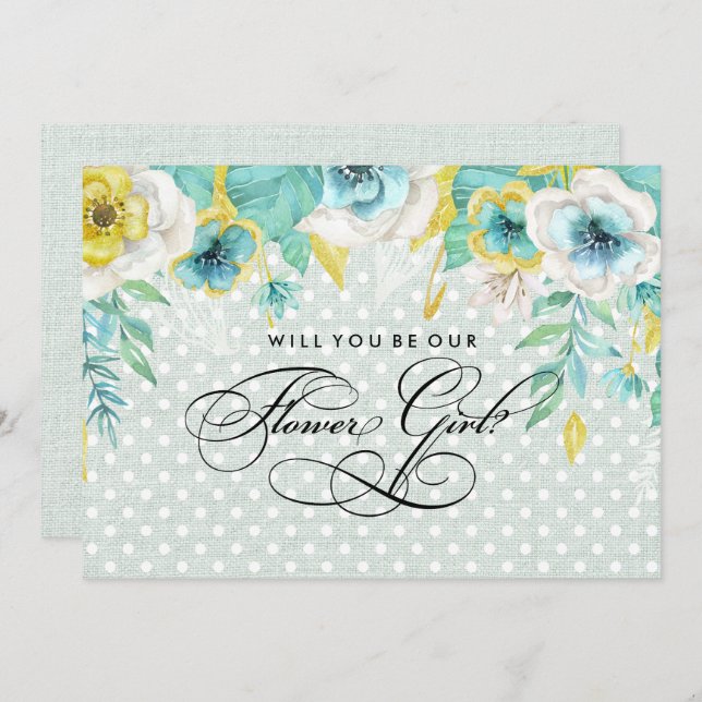Will you be our Flower Girl? Mint Floral Burlap Invitation (Front/Back)