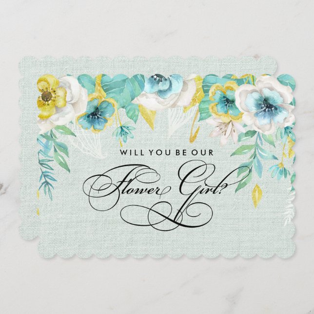 Will you be our Flower Girl? Mint Yellow Floral Invitation (Front/Back)