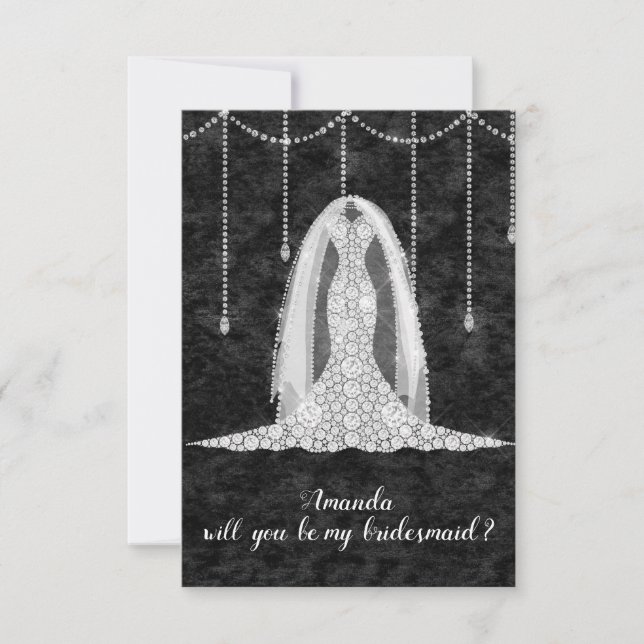 Will You Bridesmaid Black White Dress TrainDiamond Invitation (Front)