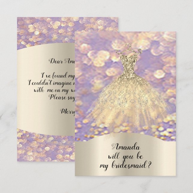 Will You Bridesmaid Glitter Diamond Dress Lavender Invitation (Front/Back)