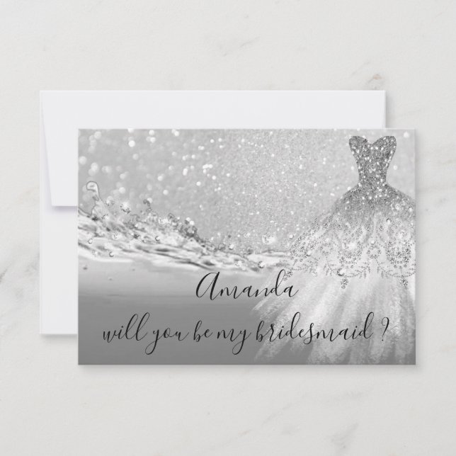 Will You Bridesmaid Grey Glitter Ocean Silver Invitation (Front)