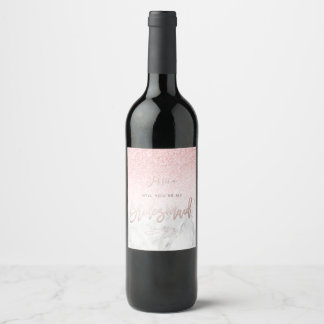 Will You Bridesmaid Marble+Blush Pink Snow Bokeh Wine Label