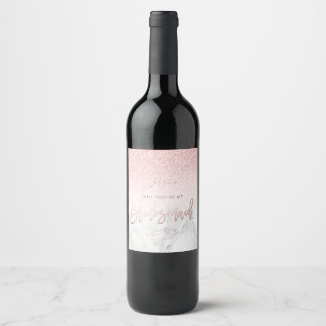 Will You Bridesmaid Marble+Blush Pink Snow Bokeh Wine Label (Front)