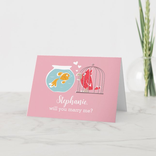 Will You Marry Me Cute Parrot Golden Fish Proposal Card (Front)