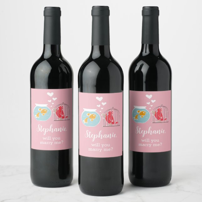 Will You Marry Me Cute Parrot Golden Fish Proposal Wine Label (Bottles)