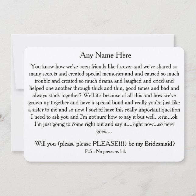 Will you please be my bridesmaid? Custom text card (Front)