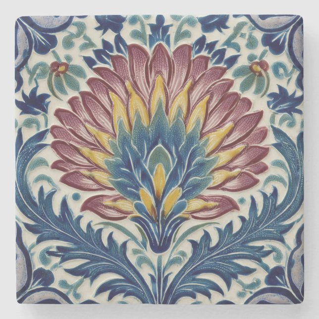 William De Morgan Oriental Flower Stone Coaster (Front)