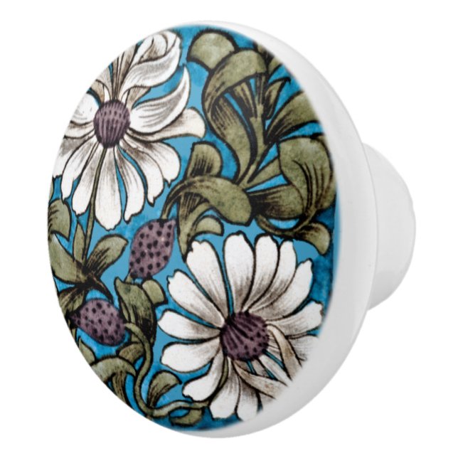 William * De Morgan Sprig of Flowers White Teal Ceramic Knob (Right)