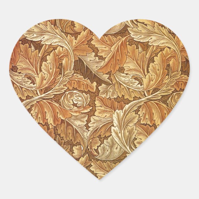 William Morris Acanthus Brown Autumn Leaves Heart Sticker (Front)