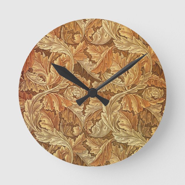 William Morris Acanthus Brown Autumn Leaves Round Clock (Front)