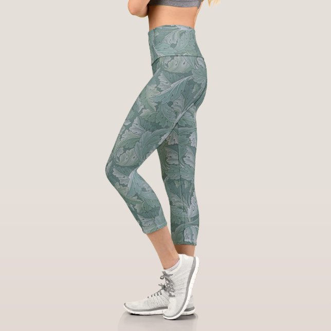 William Morris Acanthus Leaf Teal Blue Pattern Capri Leggings (Left)