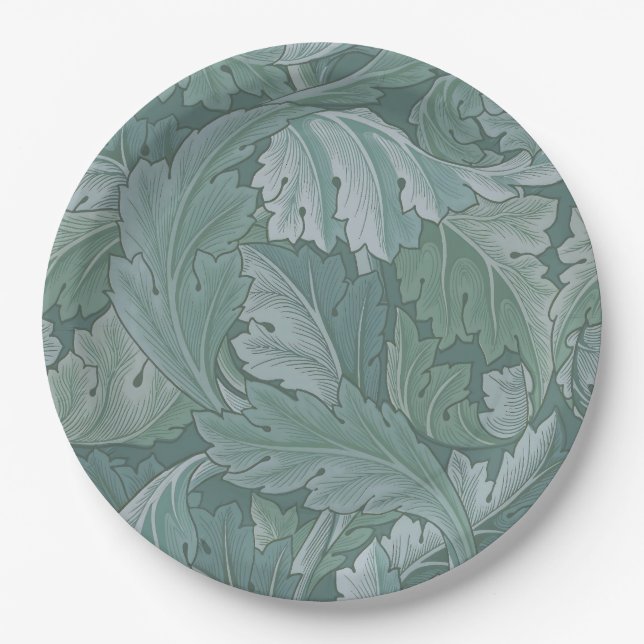 William Morris Acanthus Leaf Teal Blue Pattern Paper Plate (Front)